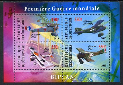 Ivory Coast 2013 Biplanes of World War 1 perf sheetlet containing 4 values unmounted mint, stamps on aviation, stamps on  ww1 , stamps on 