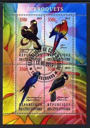 Ivory Coast 2013 Parrots perf sheetlet containing 4 values fine cto used, stamps on birds, stamps on parrots