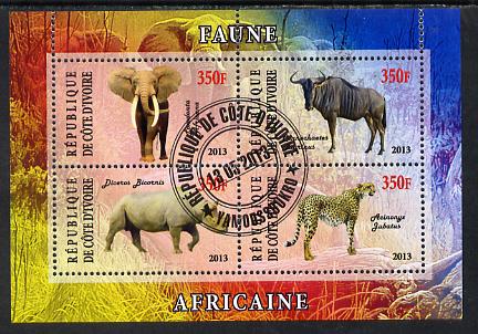 Ivory Coast 2013 African Animals #1 perf sheetlet containing 4 values fine cto used, stamps on , stamps on  stamps on animals, stamps on  stamps on elephants, stamps on  stamps on wildebeest, stamps on  stamps on bovine, stamps on  stamps on rhinos, stamps on  stamps on cats, stamps on  stamps on cheetah