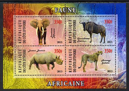 Ivory Coast 2013 African Animals #1 perf sheetlet containing 4 values unmounted mint, stamps on animals, stamps on elephants, stamps on wildebeest, stamps on bovine, stamps on rhinos, stamps on cats, stamps on cheetah