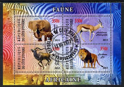 Ivory Coast 2013 African Animals #2 perf sheetlet containing 4 values fine cto used, stamps on animals, stamps on elephants, stamps on kudu, stamps on bovine, stamps on cats, stamps on lions, stamps on antelope