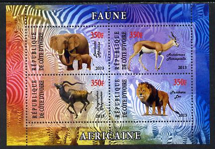 Ivory Coast 2013 African Animals #2 perf sheetlet containing 4 values unmounted mint, stamps on animals, stamps on elephants, stamps on kudu, stamps on bovine, stamps on cats, stamps on lions, stamps on antelope