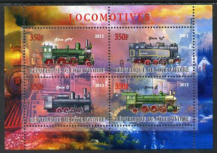 Ivory Coast 2013 Locomotives #1 perf sheetlet containing 4 values unmounted mint, stamps on railways