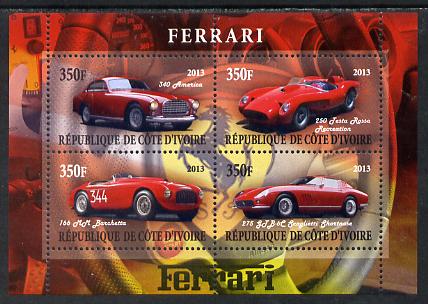 Ivory Coast 2013 Ferrari Cars #1 perf sheetlet containing 4 values unmounted mint, stamps on cars, stamps on ferrari