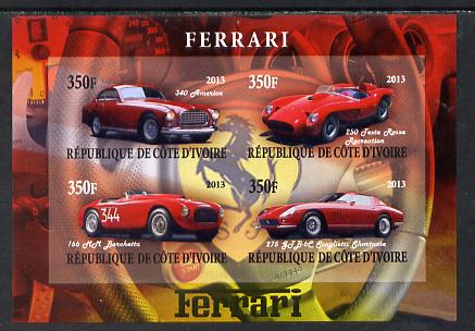 Ivory Coast 2013 Ferrari Cars #1 imperf sheetlet containing 4 values unmounted mint, stamps on cars, stamps on ferrari