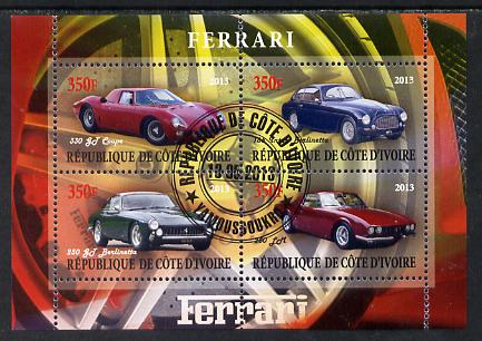 Ivory Coast 2013 Ferrari Cars #2 perf sheetlet containing 4 values fine cto used, stamps on cars, stamps on ferrari
