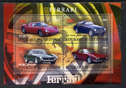 Ivory Coast 2013 Ferrari Cars #2 perf sheetlet containing 4 values unmounted mint, stamps on cars, stamps on ferrari