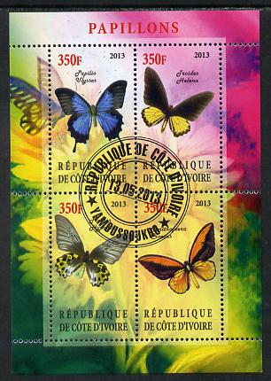 Ivory Coast 2013 Butterflies #2 perf sheetlet containing 4 values fine cto used, stamps on butterflies