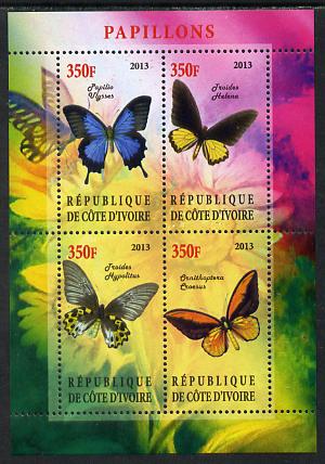 Ivory Coast 2013 Butterflies #2 perf sheetlet containing 4 values unmounted mint, stamps on butterflies