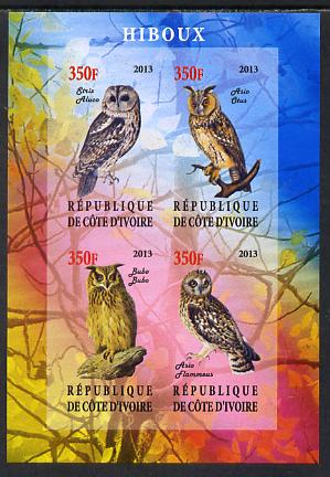 Ivory Coast 2013 Owls imperf sheetlet containing 4 values unmounted mint, stamps on birds, stamps on birds of prey, stamps on owls