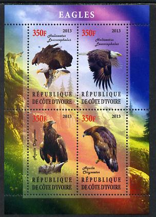 Ivory Coast 2013 Eagles #2 perf sheetlet containing 4 values unmounted mint, stamps on birds, stamps on birds of prey, stamps on eagles