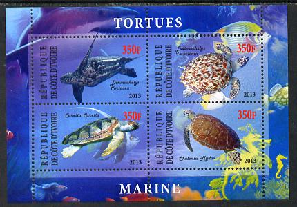 Ivory Coast 2013 Turtles perf sheetlet containing 4 values unmounted mint, stamps on reptiles, stamps on turtles