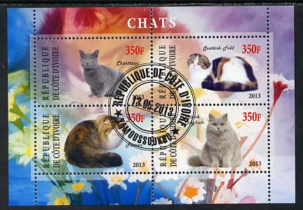 Ivory Coast 2013 Domestic Cats #2 perf sheetlet containing 4 values fine cto used, stamps on cats