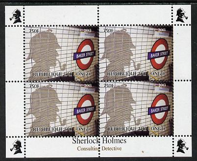Congo 2013 Sherlock Holmes #1c perf sheetlet containing 4 vals (lower left design from sheet #1) unmounted mint. Note this item is privately produced and is offered purel..., stamps on crime, stamps on films, stamps on  tv , stamps on films, stamps on cinema, stamps on movies, stamps on literature, stamps on smoking, stamps on tobacco, stamps on railways, stamps on london, stamps on underground