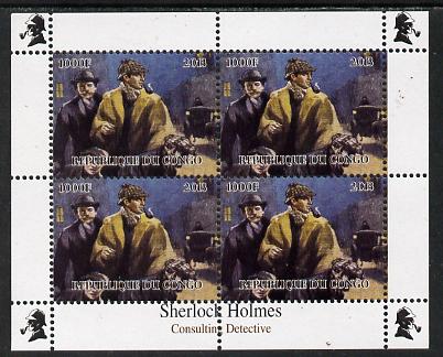 Congo 2013 Sherlock Holmes #1d perf sheetlet containing 4 vals (lower right design from sheet #1) unmounted mint. Note this item is privately produced and is offered purely on its thematic appeal , stamps on crime, stamps on films, stamps on  tv , stamps on films, stamps on cinema, stamps on movies, stamps on literature, stamps on smoking, stamps on tobacco, stamps on london, stamps on 