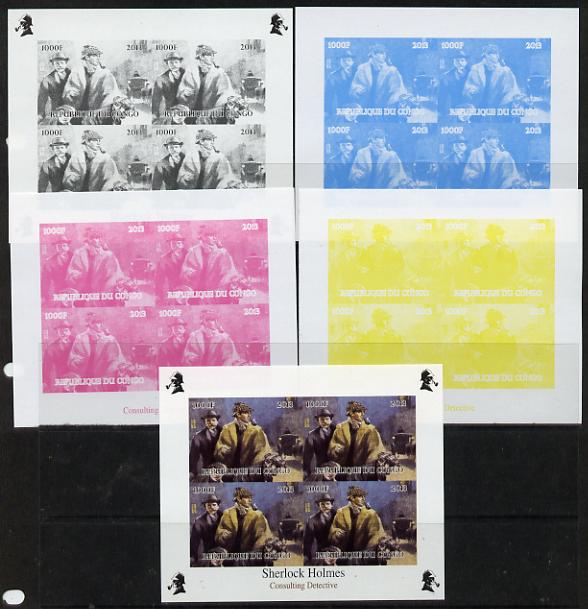 Congo 2013 Sherlock Holmes #1d sheetlet containing 4 vals (lower right design from sheet #1) - the set of 5 imperf progressive colour proofs comprising the 4 basic colour..., stamps on crime, stamps on films, stamps on  tv , stamps on films, stamps on cinema, stamps on movies, stamps on literature, stamps on smoking, stamps on tobacco, stamps on london, stamps on 