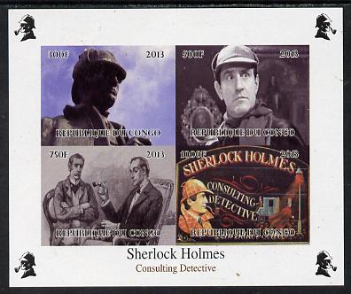 Congo 2013 Sherlock Holmes #2 imperf sheetlet containing 4 vals unmounted mint. Note this item is privately produced and is offered purely on its thematic appeal, it has no postal validity, stamps on crime, stamps on films, stamps on  tv , stamps on films, stamps on cinema, stamps on movies, stamps on london, stamps on literature, stamps on smoking, stamps on tobacco