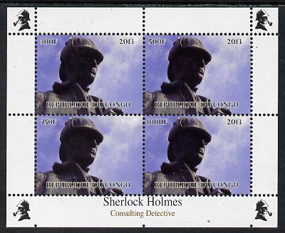 Congo 2013 Sherlock Holmes #2a perf sheetlet containing 4 vals (top left design from sheet #2) unmounted mint. Note this item is privately produced and is offered purely on its thematic appeal , stamps on crime, stamps on films, stamps on  tv , stamps on films, stamps on cinema, stamps on movies, stamps on literature, stamps on smoking, stamps on tobacco