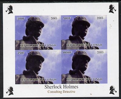 Congo 2013 Sherlock Holmes #2a imperf sheetlet containing 4 vals (top left design from sheet #2) unmounted mint. Note this item is privately produced and is offered purel..., stamps on crime, stamps on films, stamps on  tv , stamps on films, stamps on cinema, stamps on movies, stamps on literature, stamps on smoking, stamps on tobacco