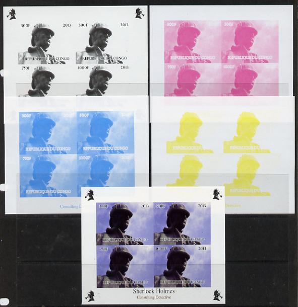 Congo 2013 Sherlock Holmes #2a sheetlet containing 4 vals (top left design from sheet #2) - the set of 5 imperf progressive colour proofs comprising the 4 basic colours p..., stamps on crime, stamps on films, stamps on  tv , stamps on films, stamps on cinema, stamps on movies, stamps on literature, stamps on smoking, stamps on tobacco