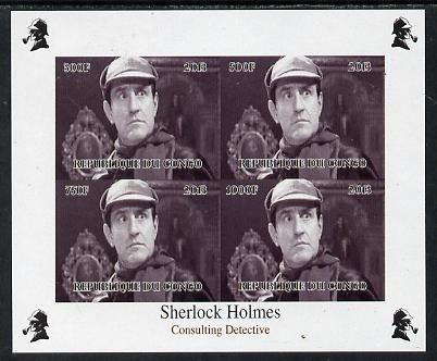 Congo 2013 Sherlock Holmes #2b imperf sheetlet containing 4 vals (top right design from sheet #2) unmounted mint. Note this item is privately produced and is offered pure..., stamps on crime, stamps on films, stamps on  tv , stamps on films, stamps on cinema, stamps on movies, stamps on literature, stamps on smoking, stamps on tobacco
