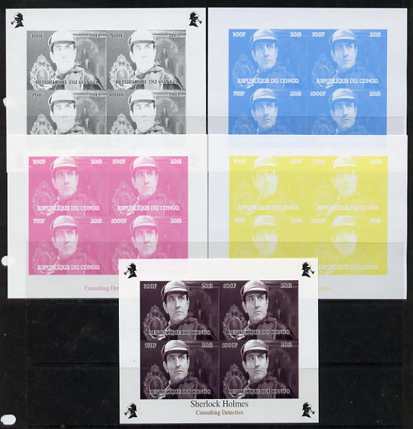 Congo 2013 Sherlock Holmes #2b sheetlet containing 4 vals (top right design from sheet #2) - the set of 5 imperf progressive colour proofs comprising the 4 basic colours ..., stamps on crime, stamps on films, stamps on  tv , stamps on films, stamps on cinema, stamps on movies, stamps on literature, stamps on smoking, stamps on tobacco