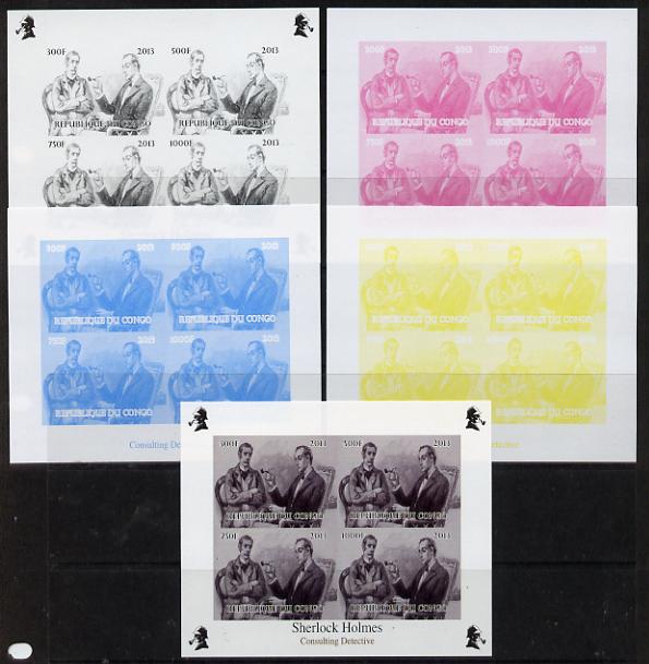 Congo 2013 Sherlock Holmes #2c sheetlet containing 4 vals (lower left design from sheet #2) - the set of 5 imperf progressive colour proofs comprising the 4 basic colours..., stamps on crime, stamps on films, stamps on  tv , stamps on films, stamps on cinema, stamps on movies, stamps on literature, stamps on smoking, stamps on tobacco