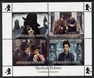 Congo 2013 Sherlock Holmes #3 perf sheetlet containing 4 vals unmounted mint. Note this item is privately produced and is offered purely on its thematic appeal , stamps on crime, stamps on films, stamps on  tv , stamps on films, stamps on cinema, stamps on movies, stamps on london, stamps on literature, stamps on smoking, stamps on tobacco
