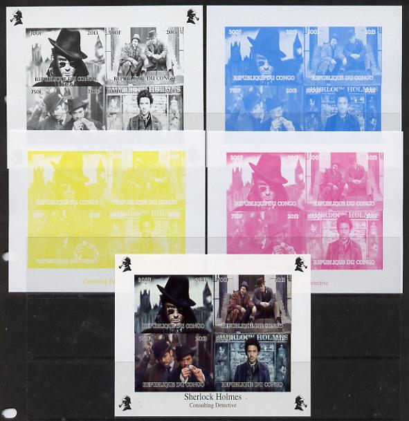 Congo 2013 Sherlock Holmes #3 sheetlet containing 4 vals - the set of 5 imperf progressive colour proofs comprising the 4 basic colours plus all 4-colour composite unmoun..., stamps on crime, stamps on films, stamps on  tv , stamps on films, stamps on cinema, stamps on movies, stamps on london, stamps on literature, stamps on smoking, stamps on tobacco