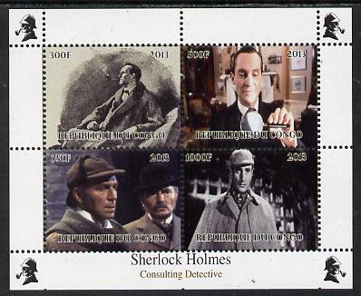 Congo 2013 Sherlock Holmes #4 perf sheetlet containing 4 vals unmounted mint. Note this item is privately produced and is offered purely on its thematic appeal , stamps on crime, stamps on films, stamps on  tv , stamps on films, stamps on cinema, stamps on movies, stamps on london, stamps on literature, stamps on smoking, stamps on tobacco