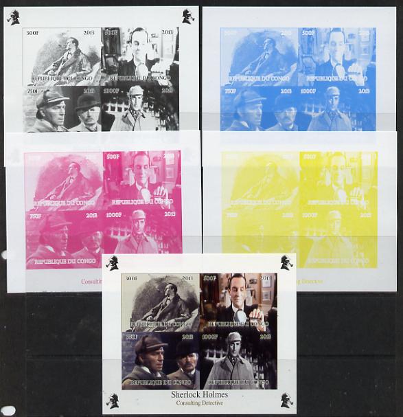 Congo 2013 Sherlock Holmes #4 sheetlet containing 4 vals - the set of 5 imperf progressive colour proofs comprising the 4 basic colours plus all 4-colour composite unmoun..., stamps on crime, stamps on films, stamps on  tv , stamps on films, stamps on cinema, stamps on movies, stamps on london, stamps on literature, stamps on smoking, stamps on tobacco
