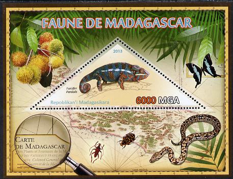 Madagascar 2013 Fauna - Panther Chameleon perf sheetlet containing one triangular value unmounted mint, stamps on triangulars, stamps on maps, stamps on animals, stamps on chameleons, stamps on reptiles, stamps on snakes, stamps on butterflies