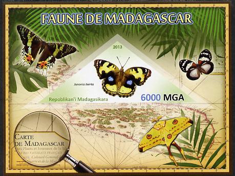Madagascar 2013 Fauna - Yellow Pansy Butterfly imperf sheetlet containing one triangular value unmounted mint, stamps on triangulars, stamps on maps, stamps on animals, stamps on insects, stamps on butterflies, stamps on 