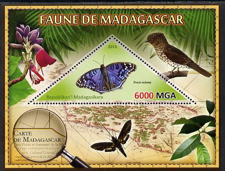 Madagascar 2013 Fauna - Blue African Butterfly perf sheetlet containing one triangular value unmounted mint, stamps on triangulars, stamps on maps, stamps on animals, stamps on insects, stamps on birds, stamps on flowers, stamps on butterflies, stamps on 