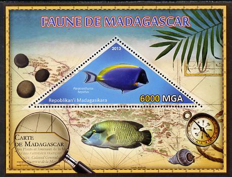 Madagascar 2013 Fauna - Surgeonfish perf sheetlet containing one triangular value unmounted mint, stamps on triangulars, stamps on maps, stamps on marine life, stamps on fish, stamps on shells, stamps on compass
