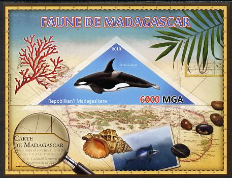 Madagascar 2013 Fauna - Killer Whale imperf sheetlet containing one triangular value unmounted mint, stamps on , stamps on  stamps on triangulars, stamps on  stamps on maps, stamps on  stamps on marine life, stamps on  stamps on whales, stamps on  stamps on coral, stamps on  stamps on shells, stamps on  stamps on 
