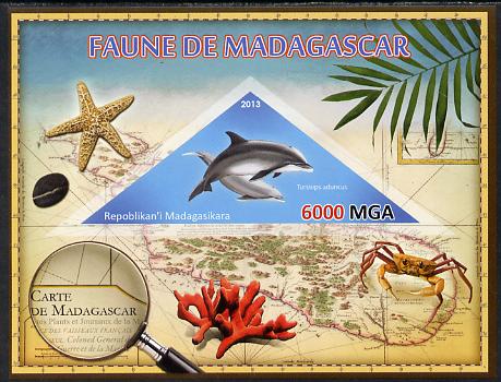 Madagascar 2013 Fauna - Bottlenose Dolphin imperf sheetlet containing one triangular value unmounted mint, stamps on triangulars, stamps on maps, stamps on marine life, stamps on whales, stamps on coral, stamps on crabs, stamps on fish, stamps on dolphins