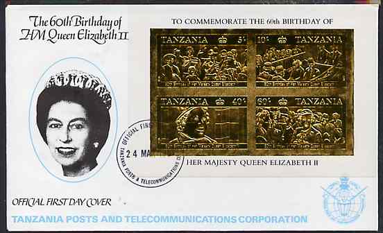 Tanzania 1987 Queen's 60th Birthday imperf souvenir sheet containing the 4 values embossed in 22k gold foil (as SG MS 521) on cover with first day cancel, stamps on royalty     60th birthday