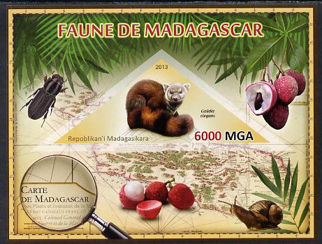 Madagascar 2013 Fauna - Ring-Tailed Mongoose imperf sheetlet containing one triangular value unmounted mint, stamps on , stamps on  stamps on triangulars, stamps on  stamps on maps, stamps on  stamps on animals, stamps on  stamps on insects, stamps on  stamps on mongoose, stamps on  stamps on fruit