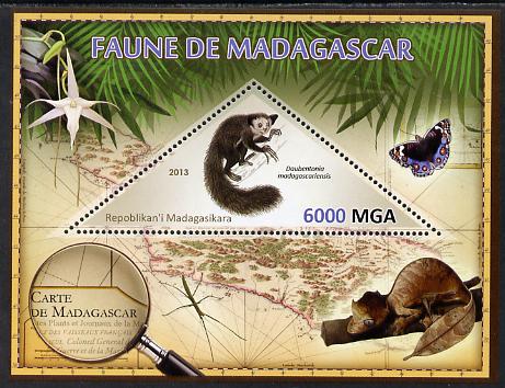 Madagascar 2013 Fauna - Aye-Aye perf sheetlet containing one triangular value unmounted mint, stamps on triangulars, stamps on maps, stamps on animals, stamps on insects, stamps on butterflies, stamps on flowers