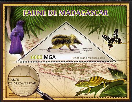 Madagascar 2013 Fauna - Streaked Tenrec perf sheetlet containing one triangular value unmounted mint, stamps on triangulars, stamps on maps, stamps on animals, stamps on insects, stamps on lizards, stamps on butterflies, stamps on flowers