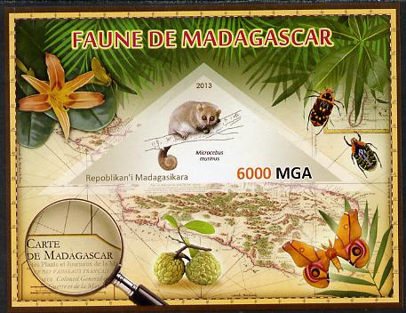 Madagascar 2013 Fauna - Gray Mouse Lemur imperf sheetlet containing one triangular value unmounted mint, stamps on triangulars, stamps on maps, stamps on animals, stamps on insects, stamps on lemurs, stamps on butterflies, stamps on flowers