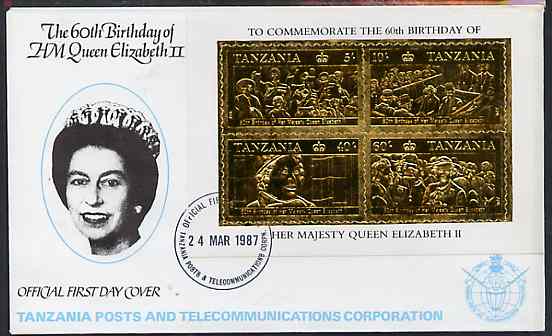 Tanzania 1987 Queen's 60th Birthday perf souvenir sheet containing the 4 values embossed in 22k gold foil (as SG MS 521) on cover with first day cancel, stamps on royalty     60th birthday