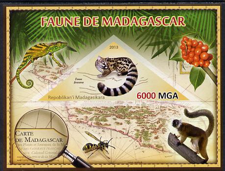 Madagascar 2013 Fauna - Malagasy Civet imperf sheetlet containing one triangular value unmounted mint, stamps on triangulars, stamps on maps, stamps on animals, stamps on insects, stamps on civets, stamps on flowers, stamps on lizards