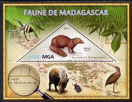 Madagascar 2013 Fauna - Salanoia Durrelli perf sheetlet containing one triangular value unmounted mint, stamps on triangulars, stamps on maps, stamps on animals, stamps on insects, stamps on birds