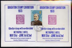 Exhibition souvenir sheet for 1973 Brighton Stamp Exhibition showing Gibraltar QV no value error on cover bearing 3p Explorers stamps and cancelled for the first day of t..., stamps on royalty     stamp exhibitions      cinderella    explorers