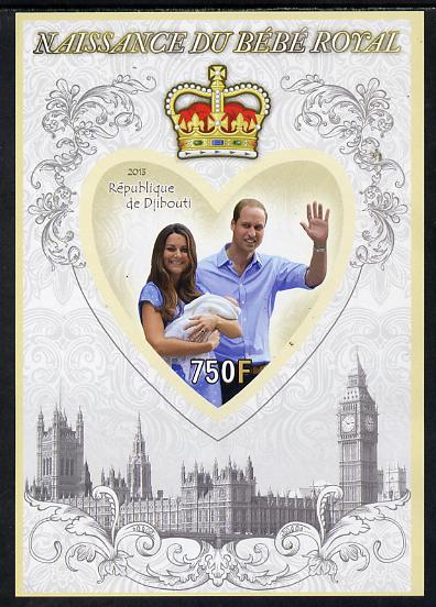Djibouti 2013 Birth of Royal Baby (George) imperf s/sheet containing Heart Shaped value unmounted mint, stamps on royalty, stamps on william, stamps on kate, stamps on george, stamps on shaped, stamps on london