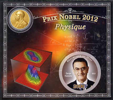Mali 2013 Nobel Prize Winners for 2012 - Serge Haroche (Physics) imperf s/sheet containing circular value unmounted mint, stamps on personalities, stamps on nobel, stamps on physics, stamps on shaped