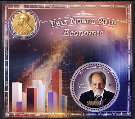 Mali 2013 Nobel Prize Winners for 2012 - Lloyd S Shapley (Economics) perf s/sheet containing circular value unmounted mint, stamps on personalities, stamps on nobel, stamps on finance, stamps on money, stamps on shaped