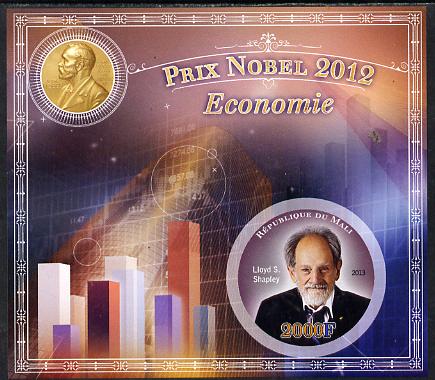 Mali 2013 Nobel Prize Winners for 2012 - Lloyd S Shapley (Economics) imperf s/sheet containing circular value unmounted mint, stamps on , stamps on  stamps on personalities, stamps on  stamps on nobel, stamps on  stamps on finance, stamps on  stamps on money, stamps on  stamps on shaped